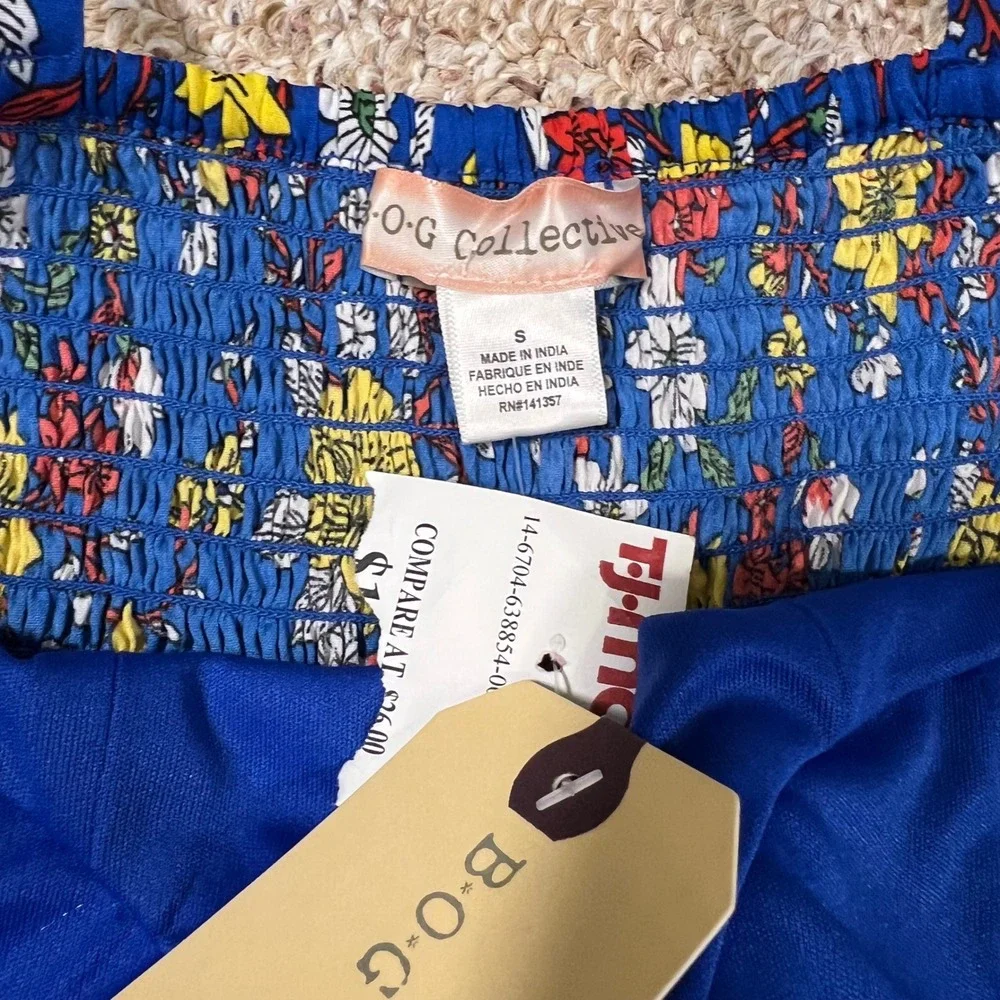NWT B.O.G. Collective Blue Floral Bustier Mini Dress Tie Strap Smocked Back S